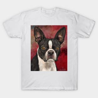 Painting of Black and White Boston Terrier on Burgundy Background T-Shirt